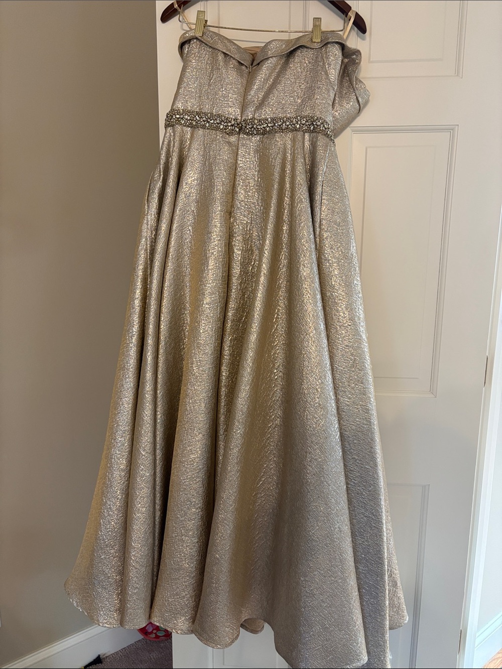 Mac Duggal Champagne Metallic Strapless Evening Gown with Beaded Waist - Picture 4 of 4